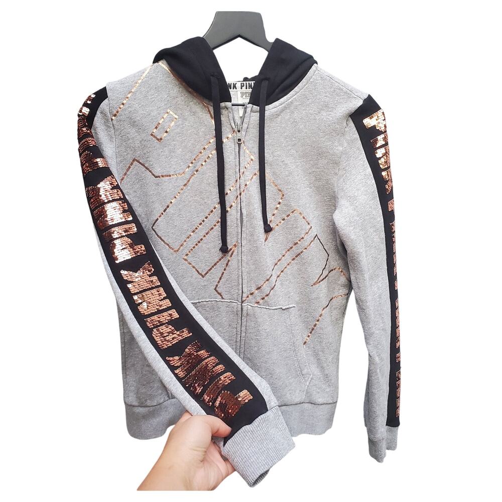 Victoria's Secret PINK Grey Black Rose Gold Sequin Bling Logo Hoodie Size Small